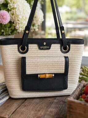 Spartina 449 Ebony Bamboo Chic Straw Tote Black Leather Discontinued